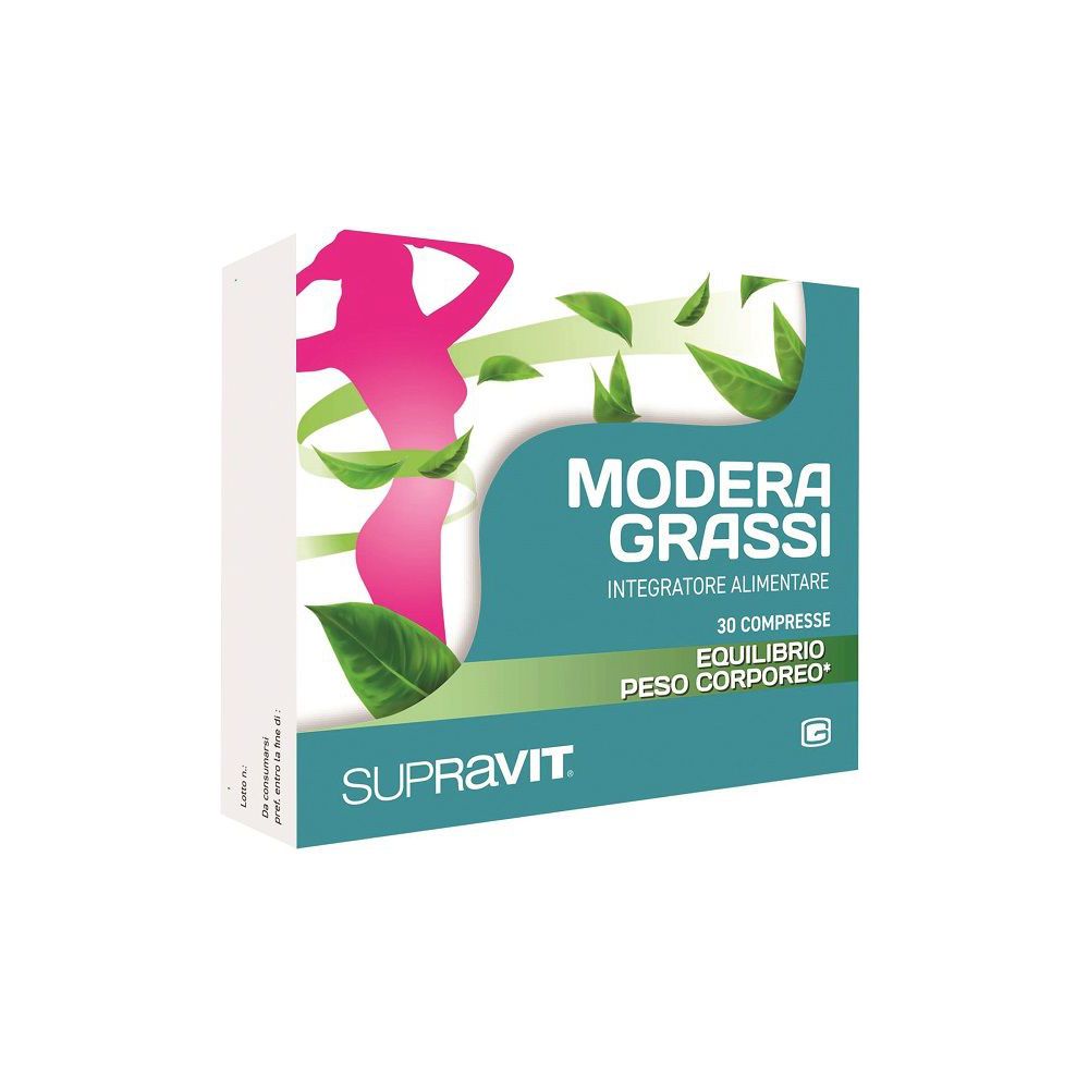 Confezione di Modera Grassi, 30 compresse. Marchio Supravit. Immagine con silhouette femminile e foglie verdi.