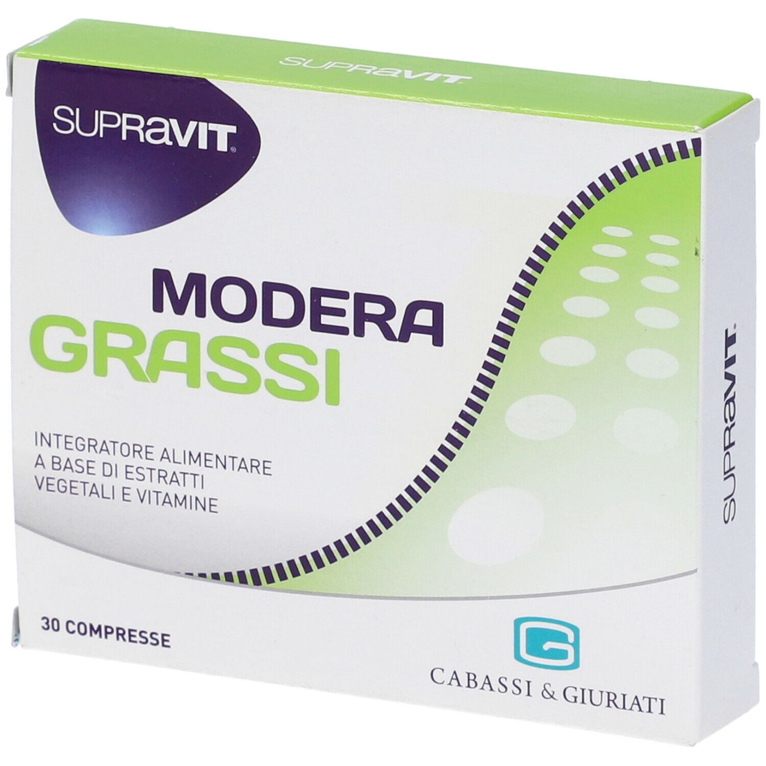Confezione Modera Grassi, 30 compresse. Marchio Supravit. Confezione verde e bianca con nome e logo.