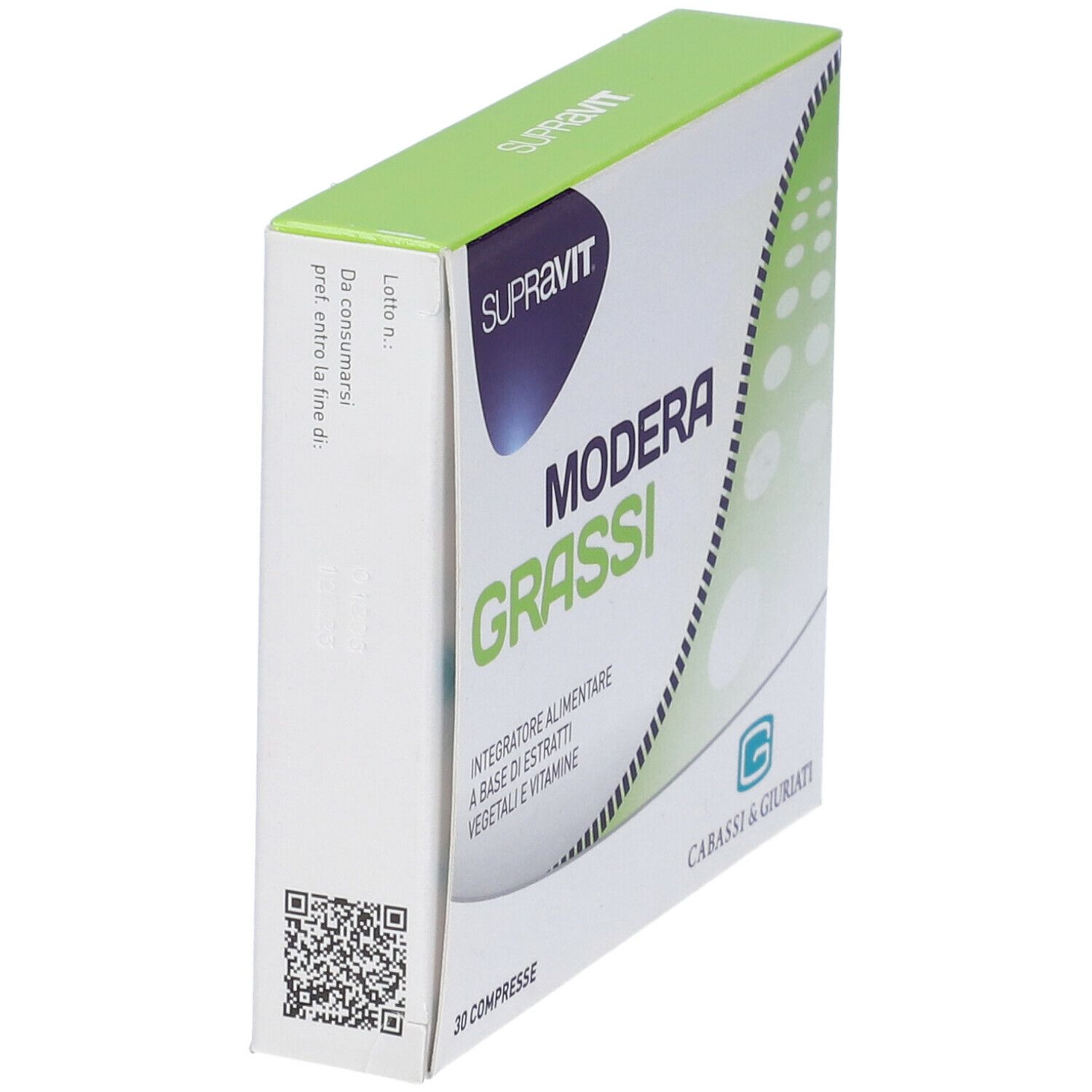 Confezione Modera Grassi, 30 compresse. Marchio Supravit. Vista laterale. Nome e logo del prodotto visibili.