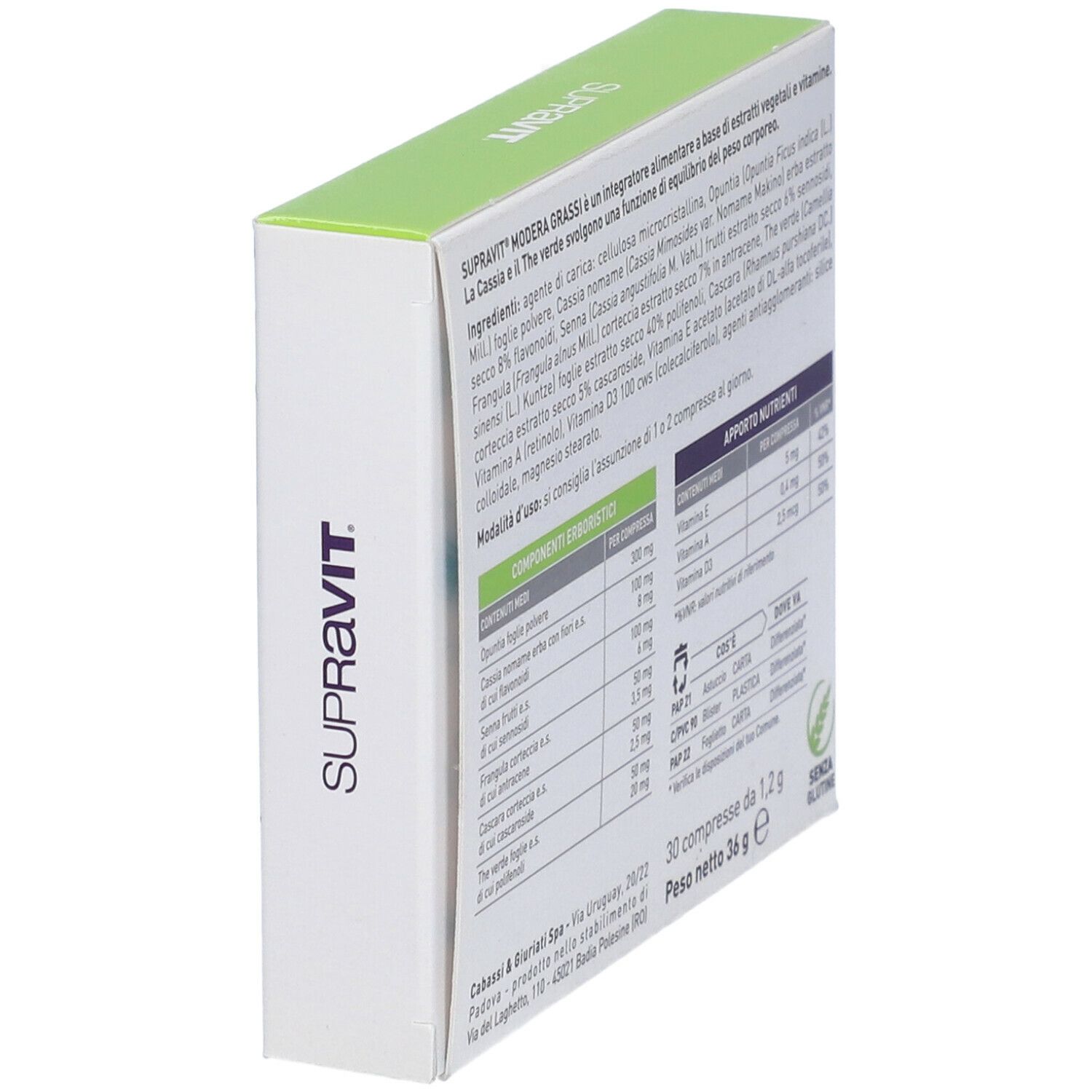 Confezione Modera Grassi, 30 compresse. Marchio Supravit. Retro con informazioni e tabella nutrizionale.