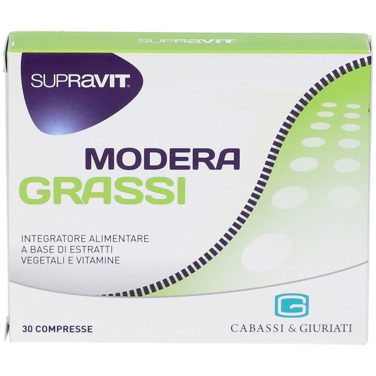 Confezione Modera Grassi, 30 compresse. Marchio Supravit. Vista frontale con nome e logo.