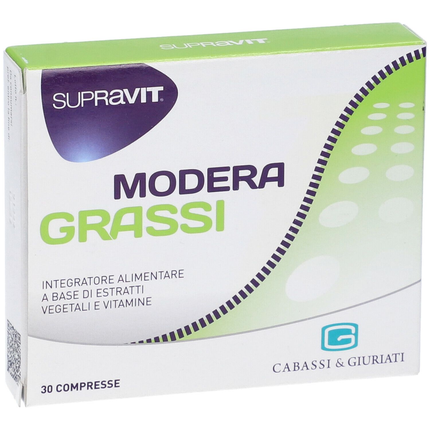 Confezione Modera Grassi, 30 compresse. Marchio Supravit. Vista frontale con nome e logo.