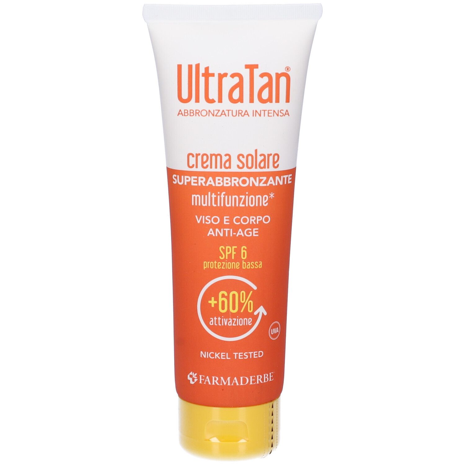Tubo crema solare Ultra Tan. SPF 6. Scritta arancione su sfondo bianco. Tappo giallo. Nome prodotto visibile.
