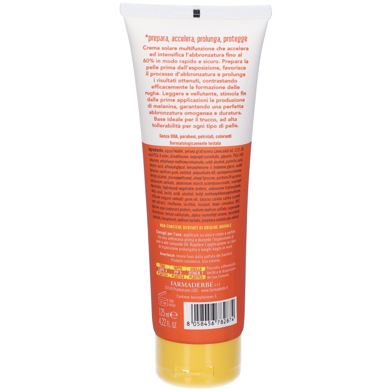 Retro del tubo di crema solare. Testo multilingue. Tappo giallo. Nome del prodotto e ingredienti.