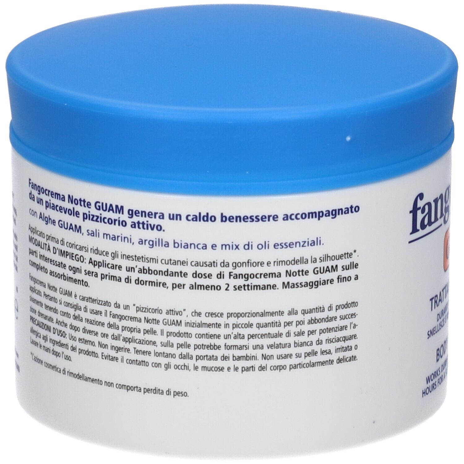 Weißer Tiegel mit blauem Deckel. Text auf Italienisch. Aufschrift: Fangocrema notte, GUAM, Trattamento Corpo, Body Treatment.