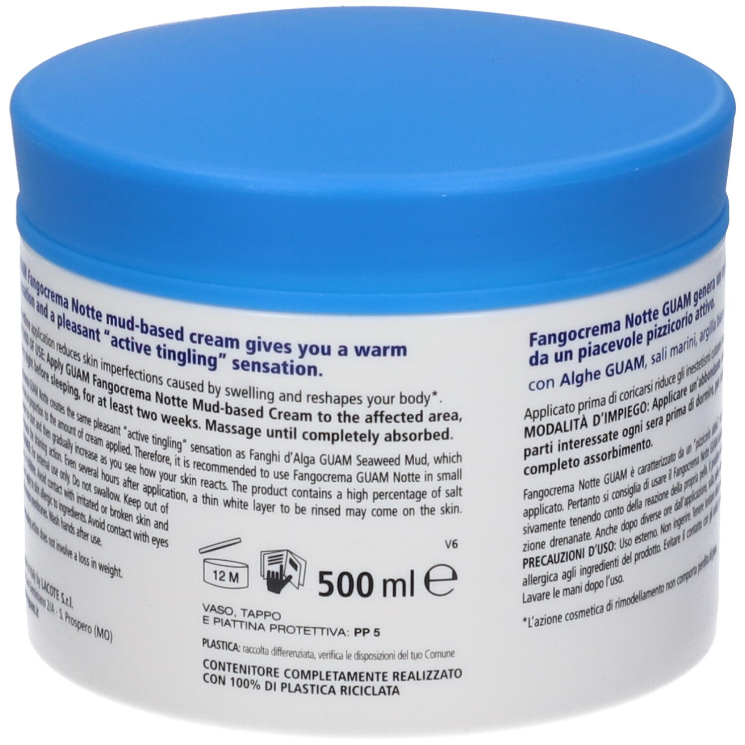 Weißer Tiegel mit blauem Deckel. Text auf Italienisch. Aufschrift: Fangocrema notte, GUAM, Trattamento Corpo, Body Treatment.