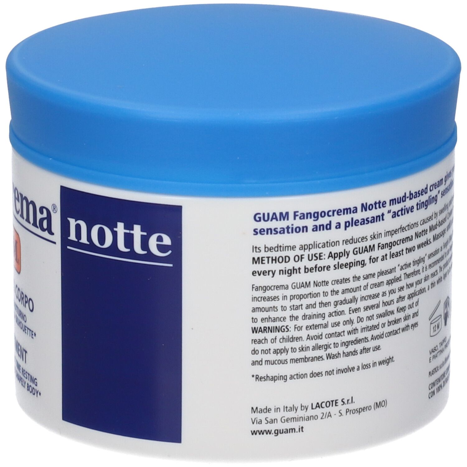 Weißer Tiegel mit blauem Deckel. Text auf Italienisch. Aufschrift: Fangocrema notte, GUAM, Trattamento Corpo, Body Treatment.