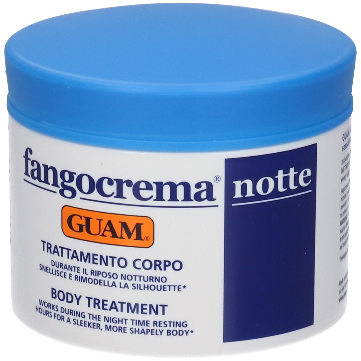 Weißer Tiegel mit blauem Deckel. Aufschrift: Fangocrema notte, GUAM, Trattamento Corpo, Body Treatment.