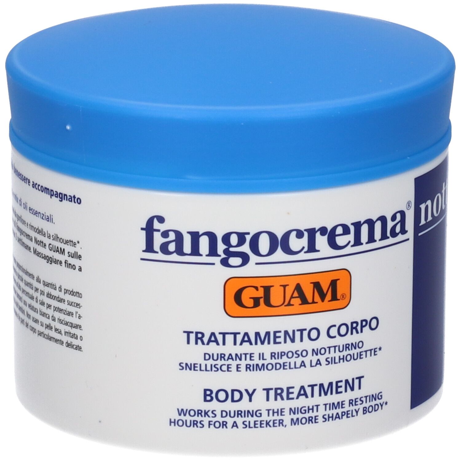 Weißer Tiegel mit blauem Deckel. Aufschrift: Fangocrema notte, GUAM, Trattamento Corpo, Body Treatment.