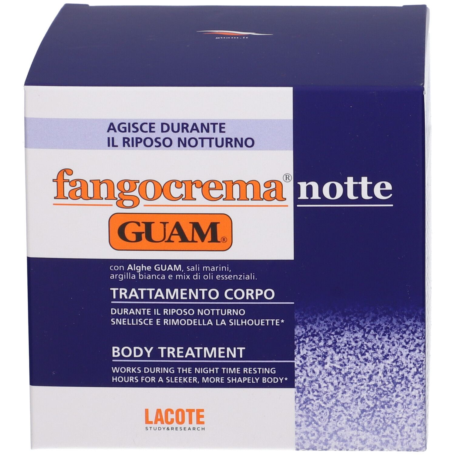 Verpackung. Text: Fangocrema notte, GUAM, Trattamento Corpo, Body Treatment.