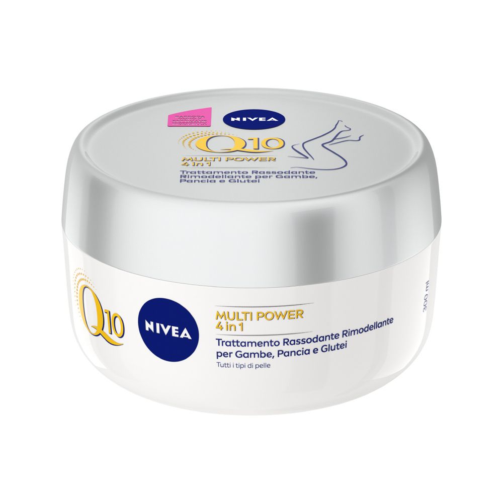 Vaso bianco con coperchio argentato. Scritta: Nivea Q10 Multi Power 4 in 1. Per gambe, pancia e glutei.