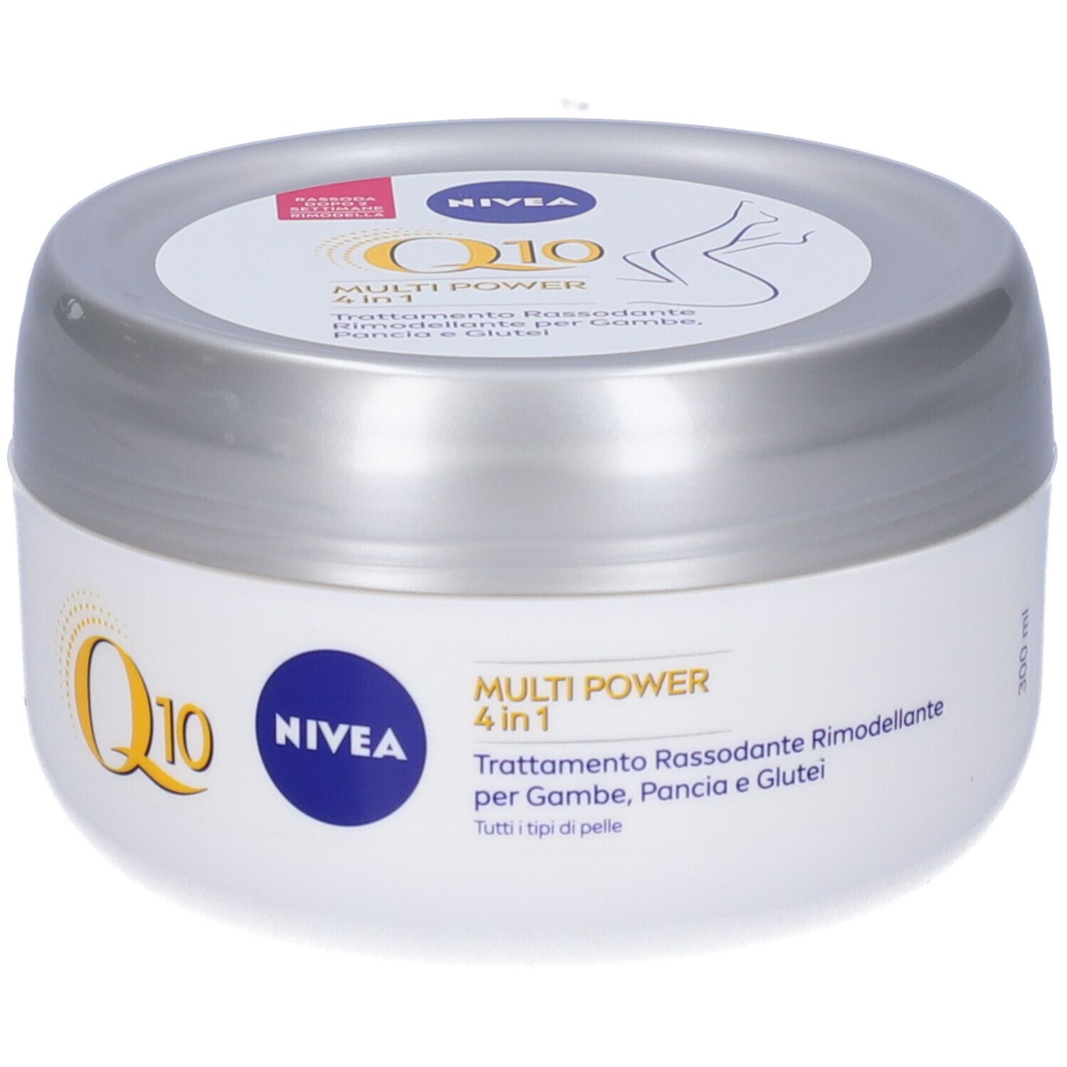 Vaso bianco con coperchio argentato. Scritta: Nivea Q10 Multi Power 4 in 1. Per gambe, pancia e glutei.