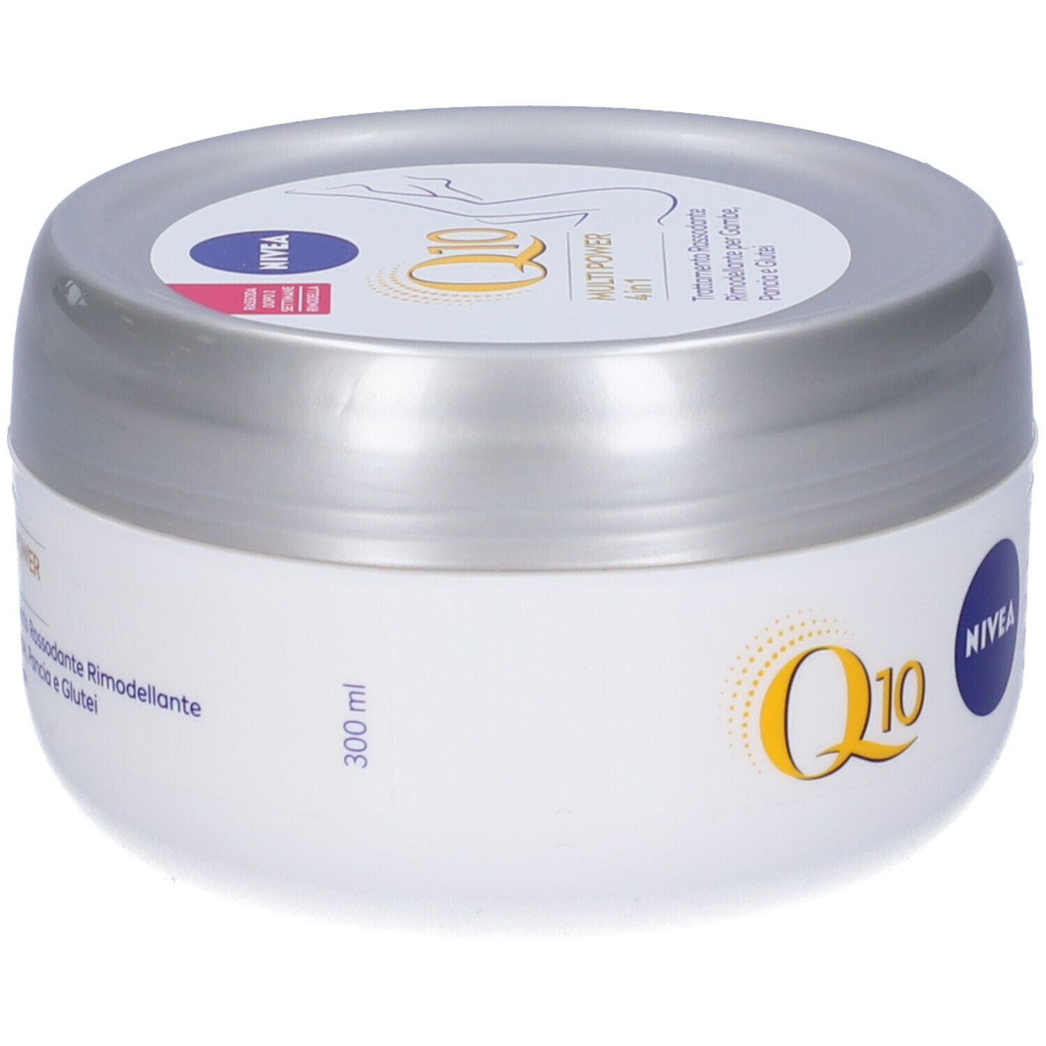 Vaso bianco con coperchio argentato. Scritta: Nivea Q10 Multi Power 4 in 1. 300 ml.