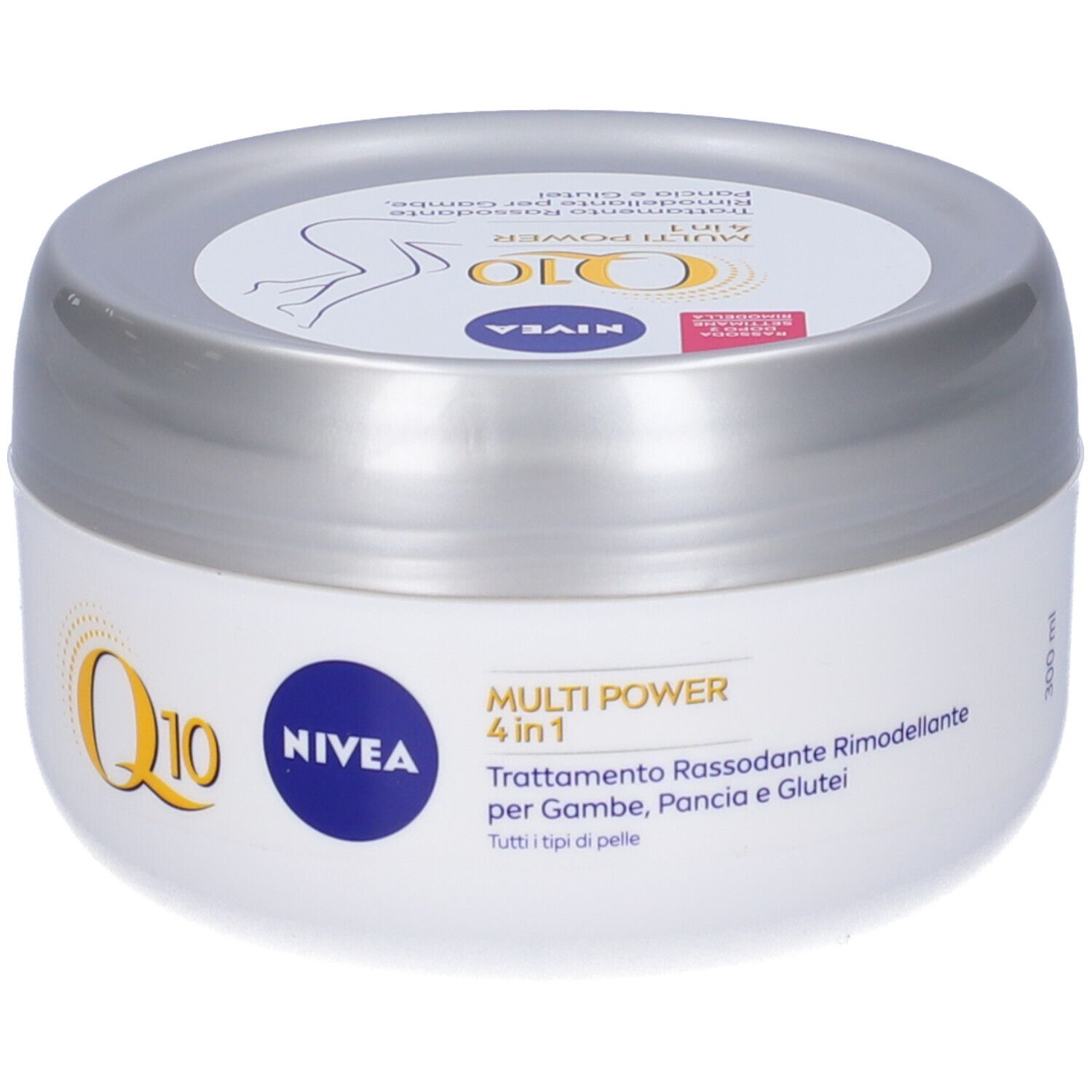 Vaso bianco con coperchio argentato. Scritta: Nivea Q10 Multi Power 4 in 1. Per gambe, pancia e glutei.