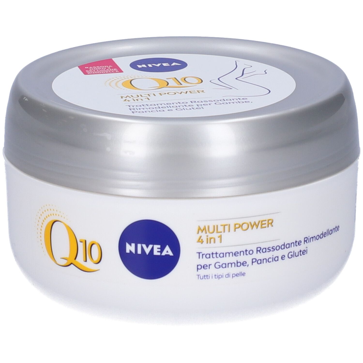 Vaso bianco con coperchio argentato. Scritta: Nivea Q10 Multi Power 4 in 1. Per gambe, pancia e glutei.