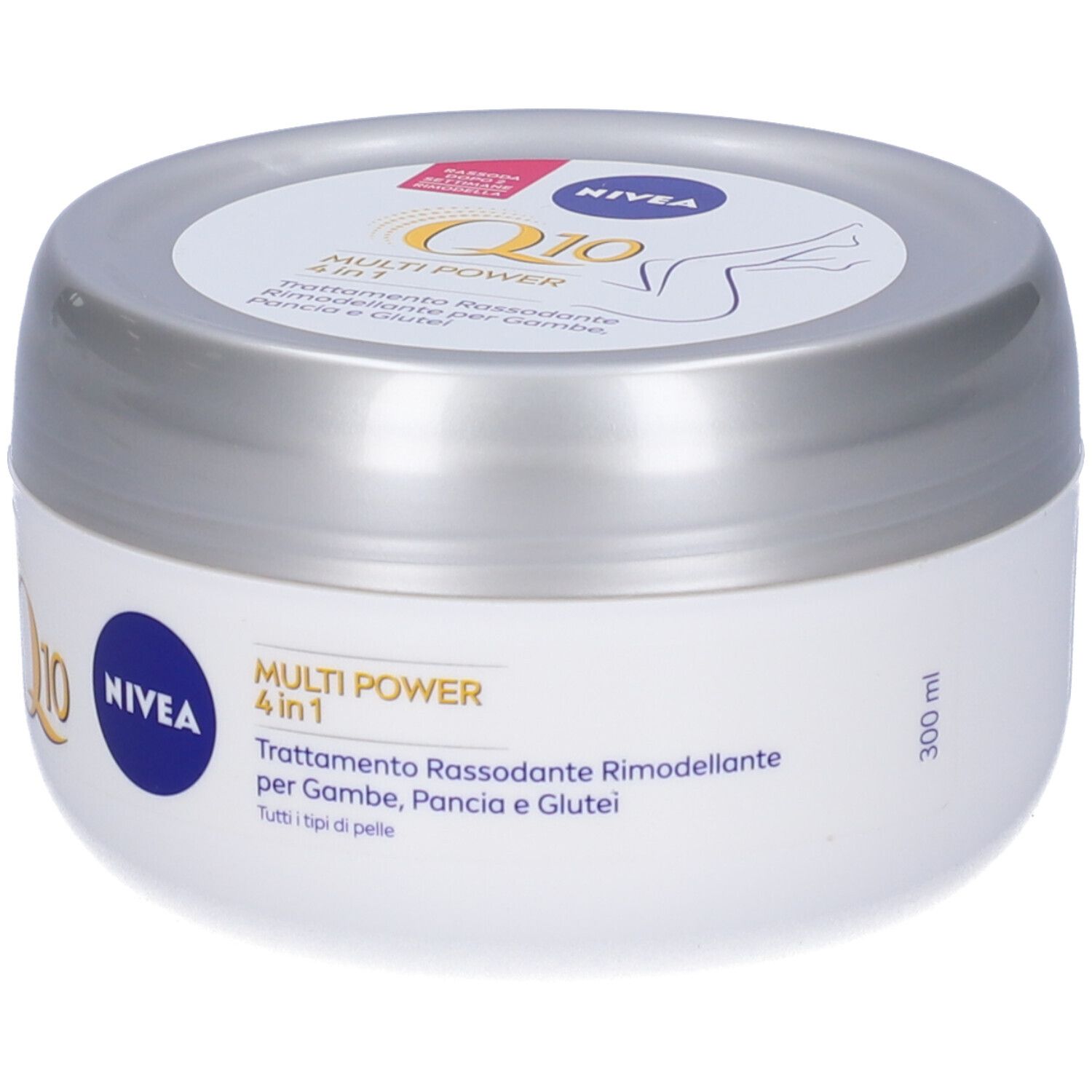 Vaso bianco con coperchio argentato. Scritta: Nivea Q10 Multi Power 4 in 1. 300 ml.