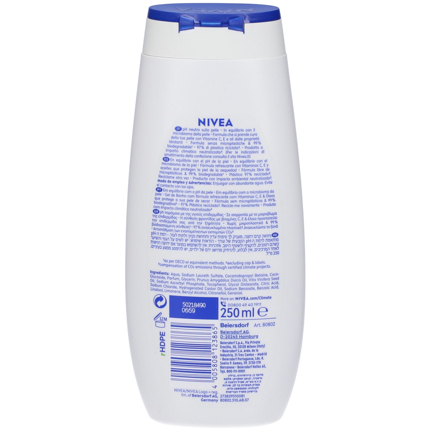 Retro di un flacone bianco. Testo: Ingredienti, 250 ml, pH, riciclabile. Con tappo blu.