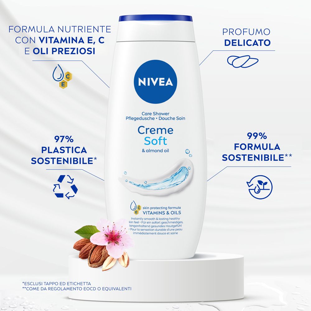 Flacone bianco su piedistallo. Testo: Creme Soft & almond oil. 97% plastica sostenibile. Con mandorle e fiori.