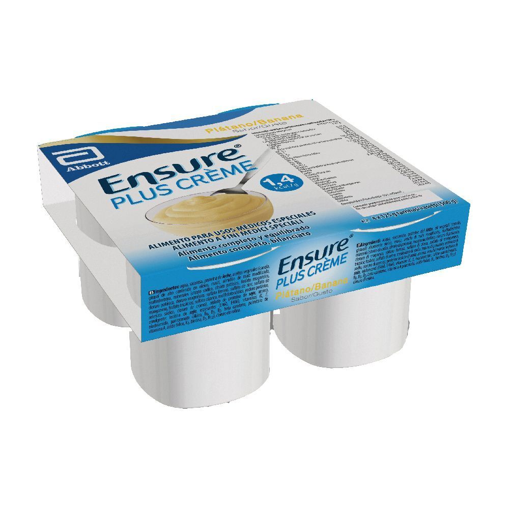 Confezione da quattro vasetti Ensure Plus Crème. Confezione blu e bianca con nome e logo del prodotto. Gusto banana.