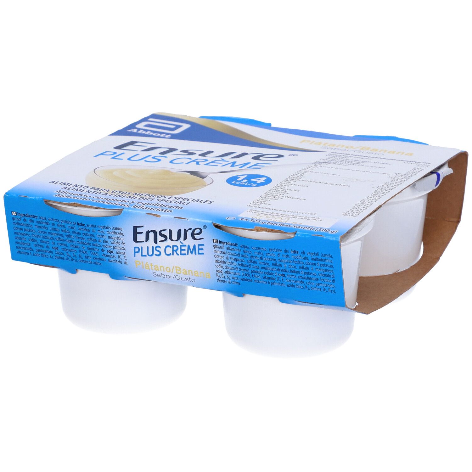 Confezione da quattro vasetti Ensure Plus Crème. Confezione blu e bianca con nome e logo del prodotto. Gusto banana.