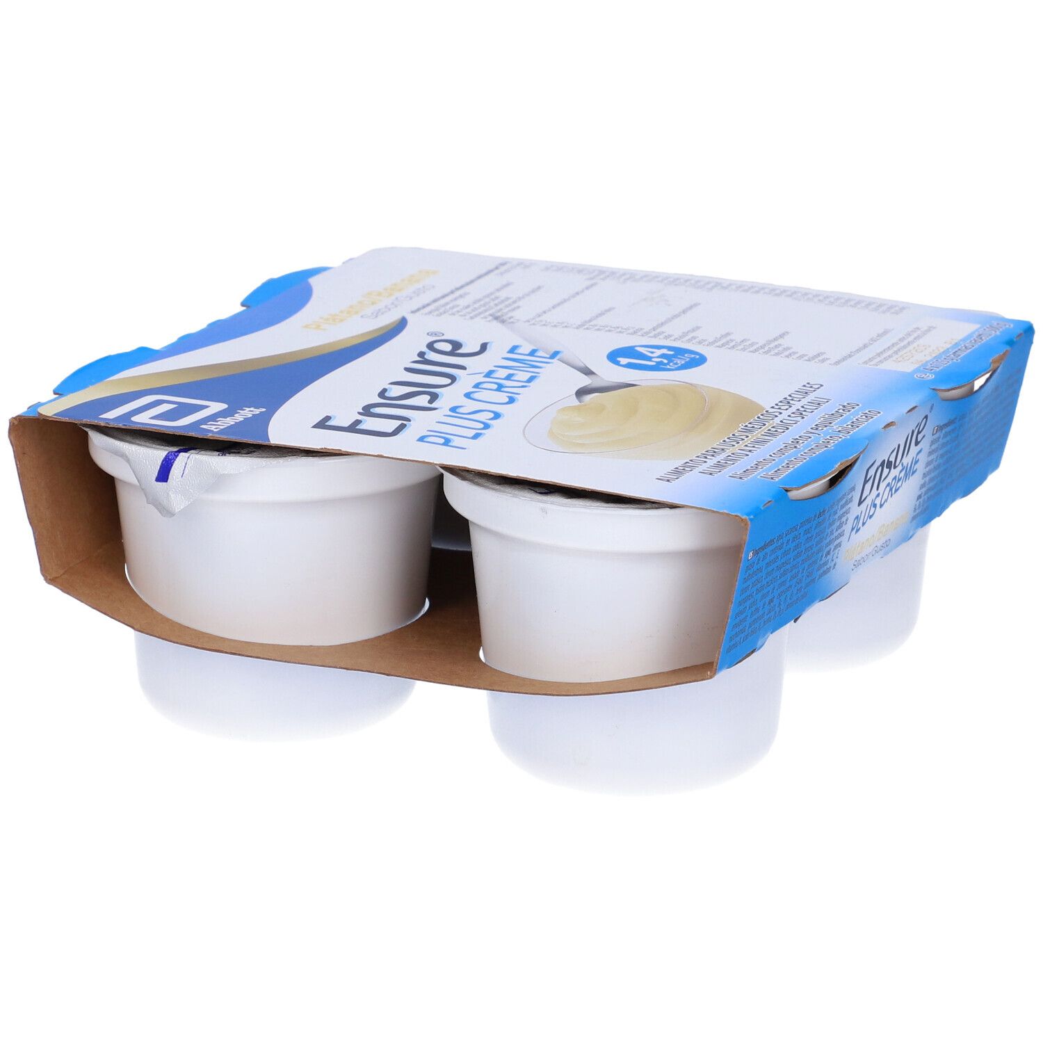 Confezione da quattro vasetti Ensure Plus Crème. Confezione blu e bianca con nome e logo del prodotto. Gusto banana.