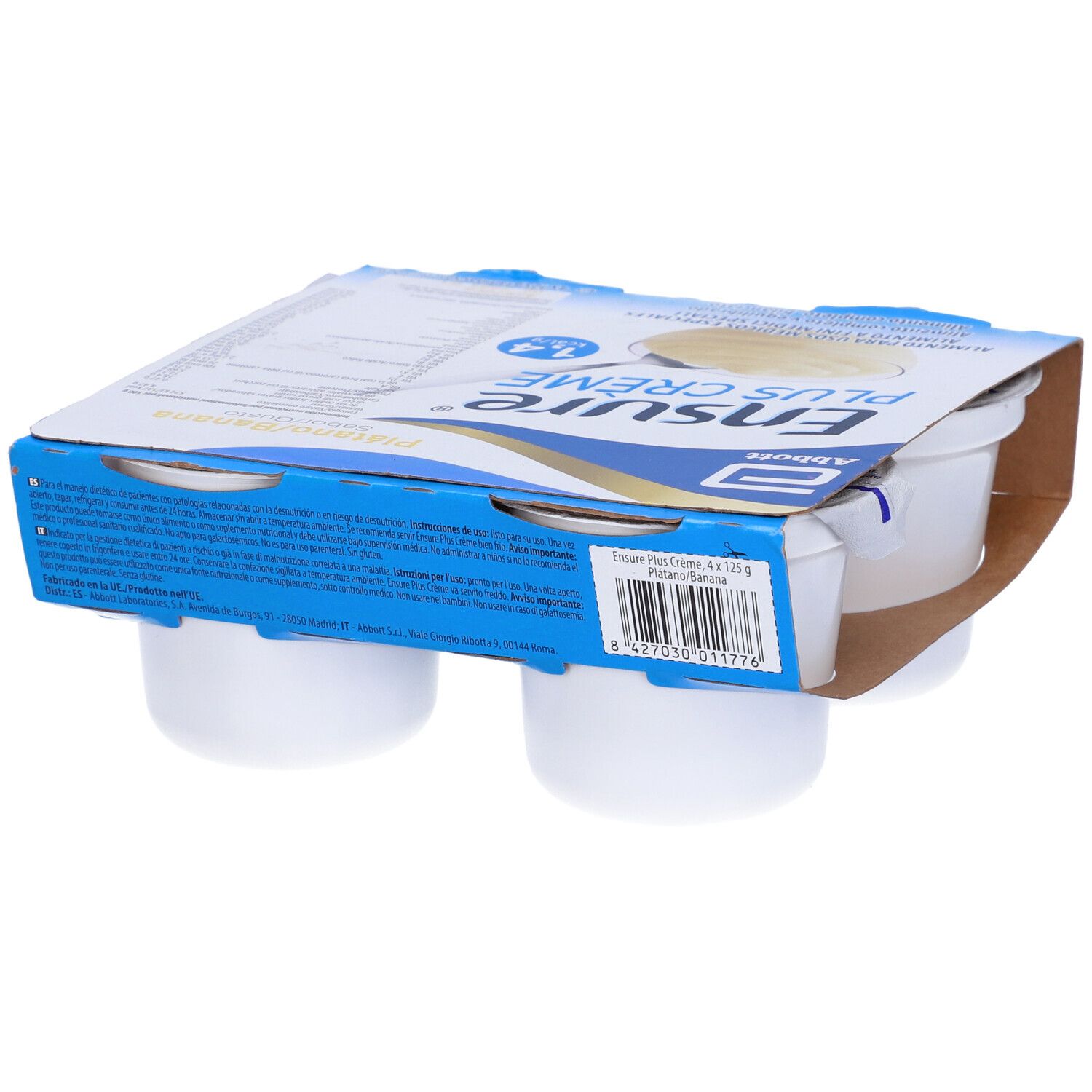Confezione da quattro vasetti Ensure Plus Crème. Confezione blu e bianca con nome e logo del prodotto. Gusto banana.