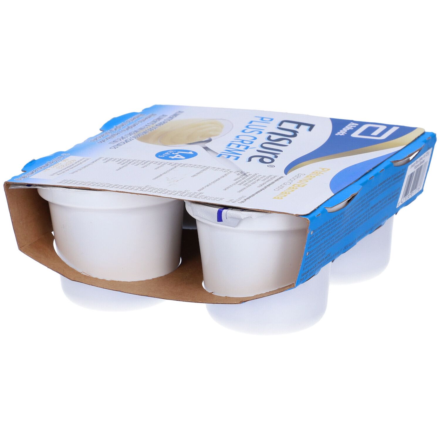 Confezione da quattro vasetti Ensure Plus Crème. Confezione blu e bianca con nome e logo del prodotto. Gusto banana.