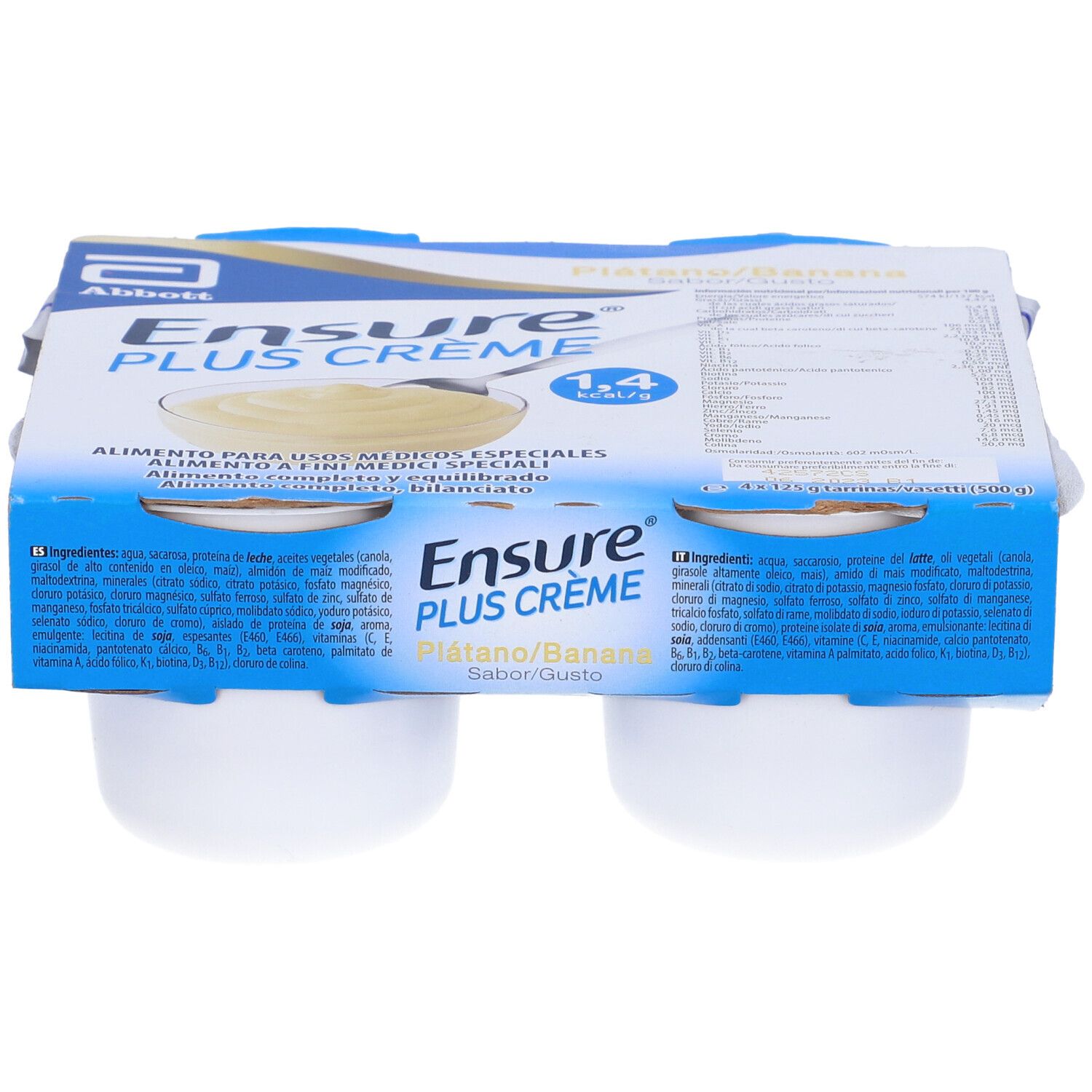 Confezione da quattro vasetti Ensure Plus Crème. Confezione blu e bianca con nome e logo del prodotto. Gusto banana.