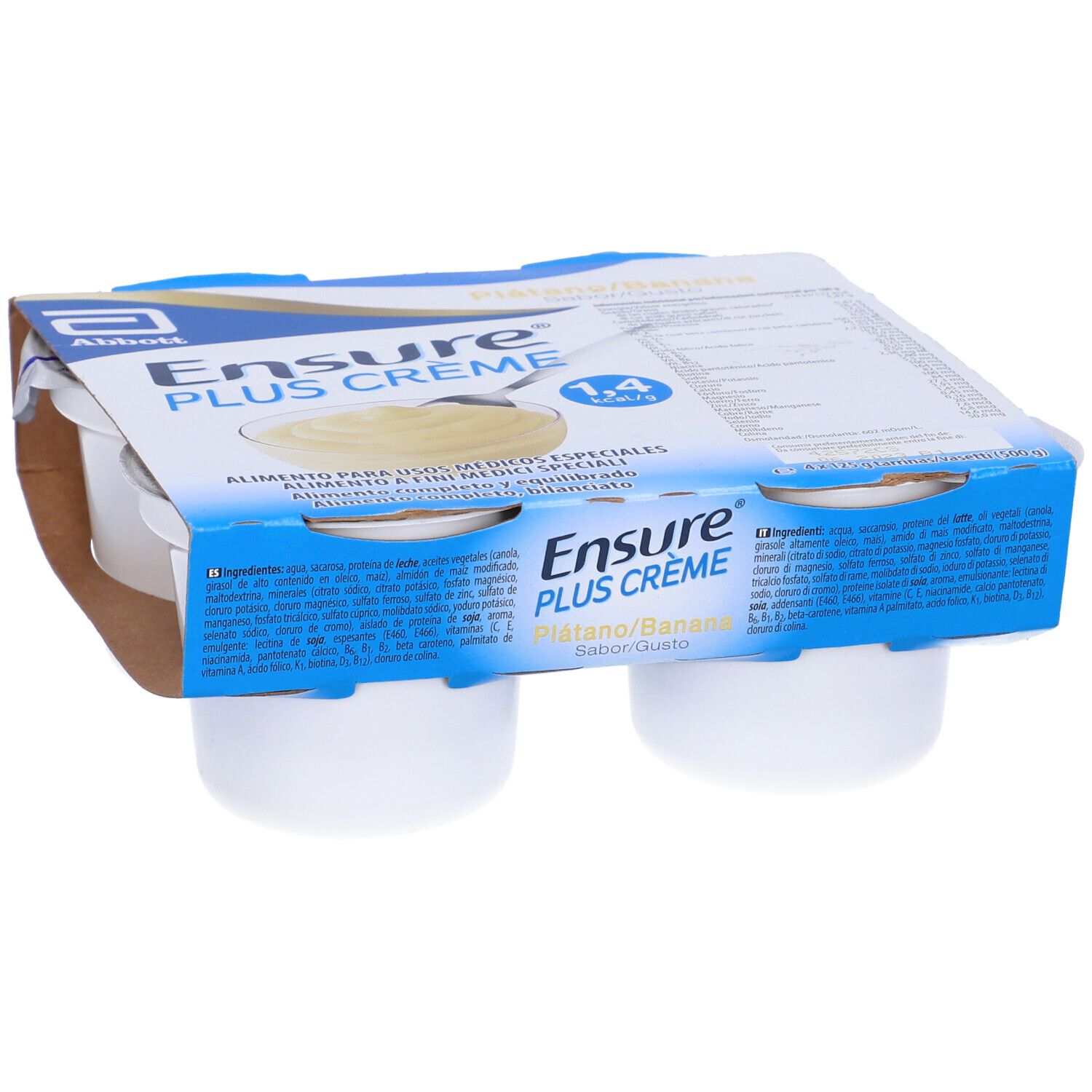 Confezione da quattro vasetti Ensure Plus Crème. Confezione blu e bianca con nome e logo del prodotto. Gusto banana.