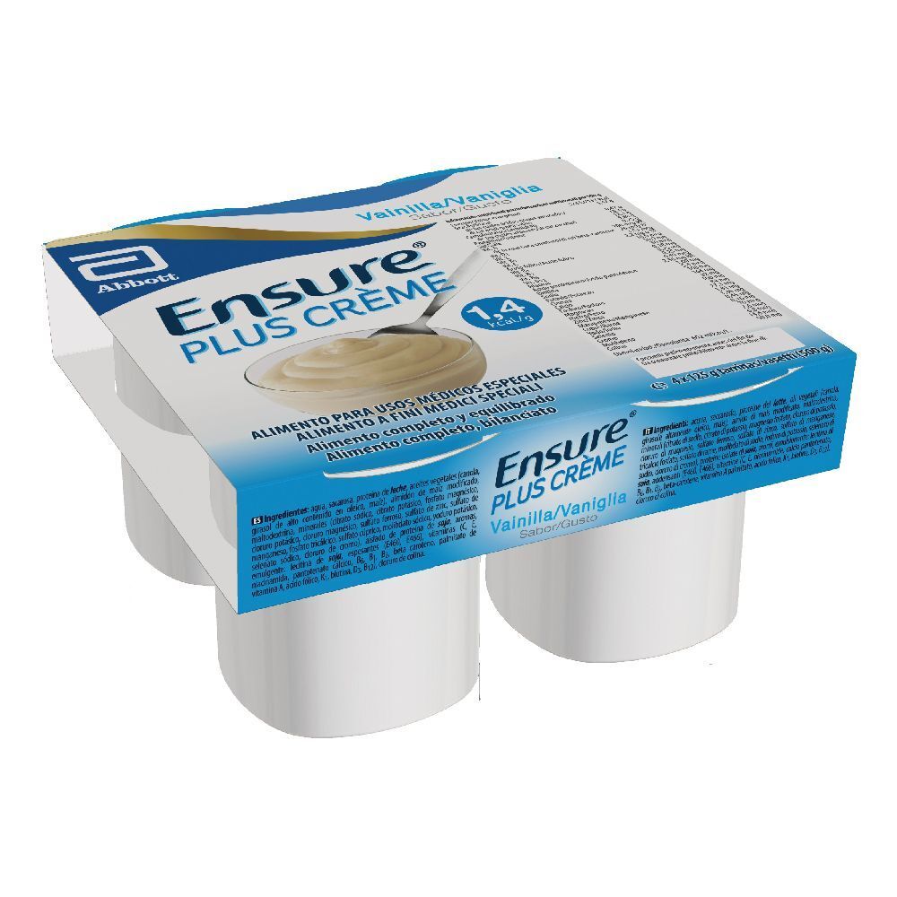 Confezione da quattro vasetti Ensure Plus Crème Vaniglia. Confezione blu e bianca con nome prodotto e logo Abbott.