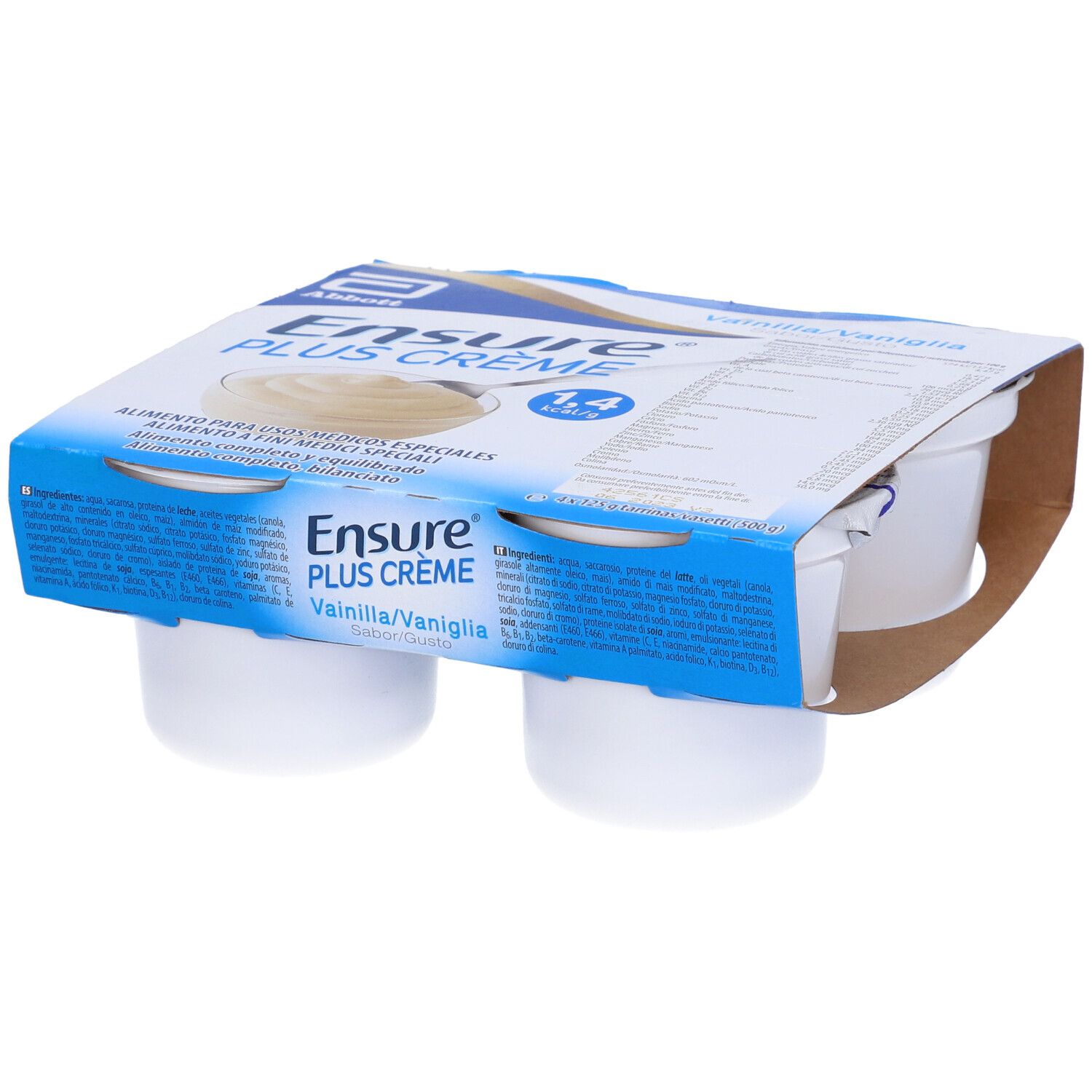 Confezione Ensure Plus Crème Vaniglia con quattro vasetti. Confezione blu e bianca, parzialmente aperta, con nome prodotto.