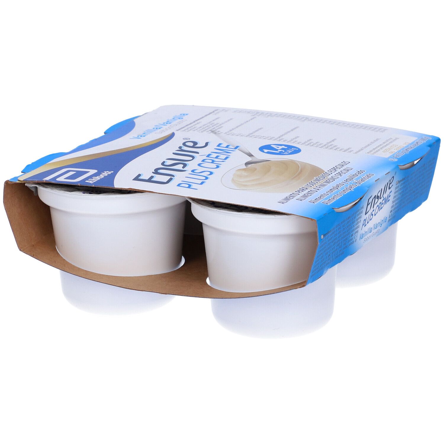 Confezione Ensure Plus Crème Vaniglia con quattro vasetti. Confezione blu e bianca, parzialmente aperta, con nome prodotto.
