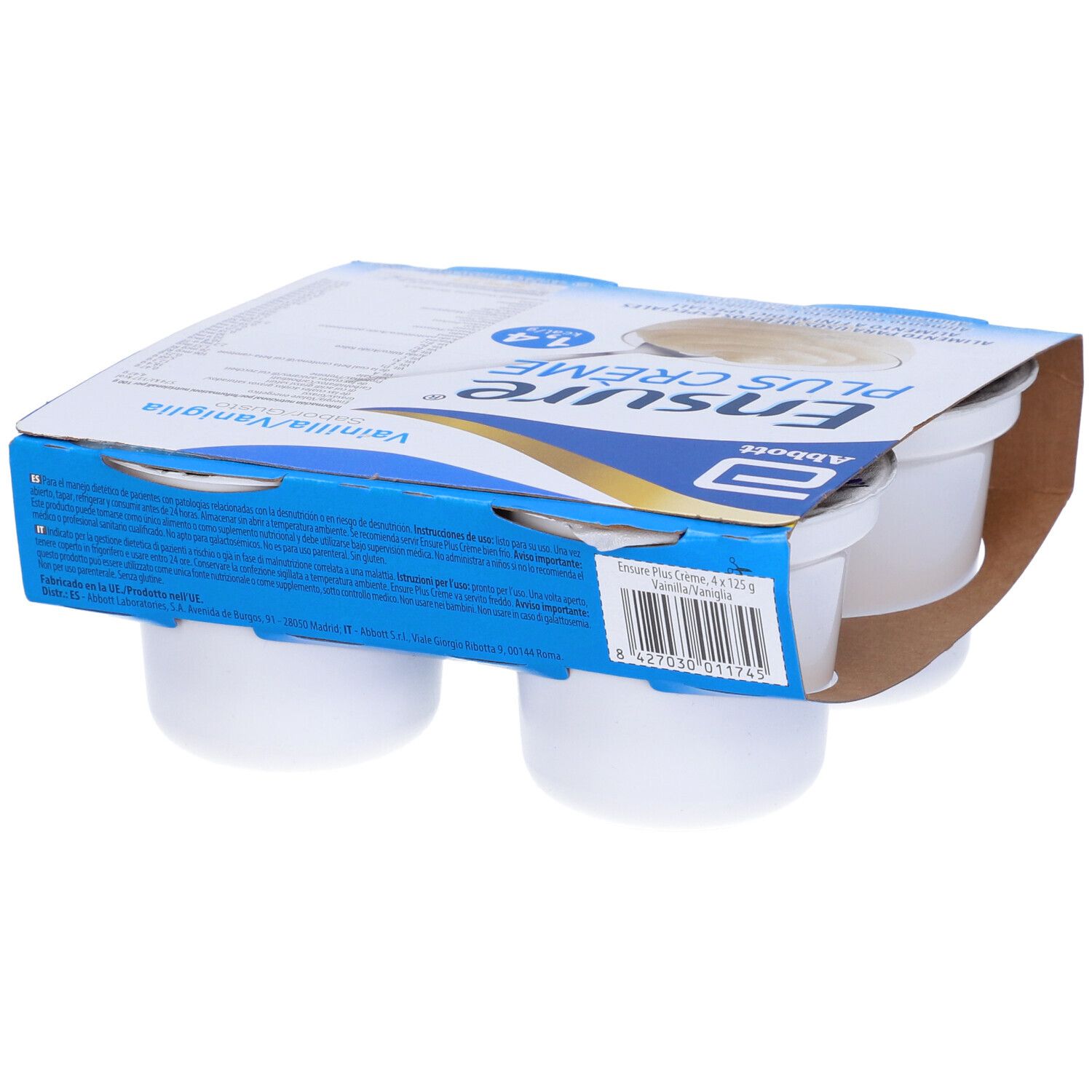 Confezione Ensure Plus Crème Vaniglia con quattro vasetti. Confezione blu e bianca, parzialmente aperta, con nome prodotto.