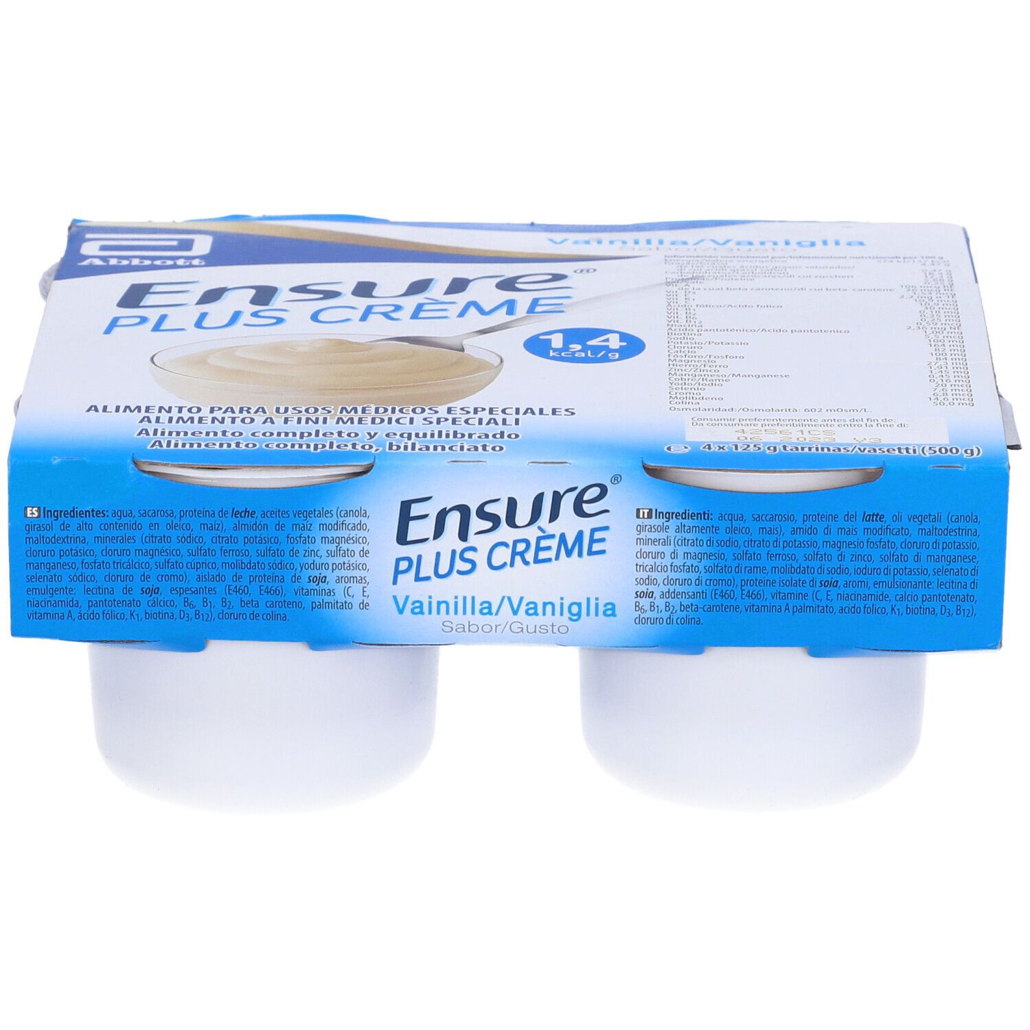 Confezione Ensure Plus Crème Vaniglia con quattro vasetti. Confezione blu e bianca, parzialmente aperta, con nome prodotto.