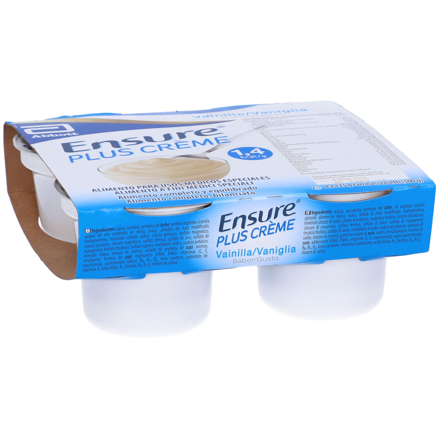 Confezione Ensure Plus Crème Vaniglia con quattro vasetti. Confezione blu e bianca, parzialmente aperta, con nome prodotto.