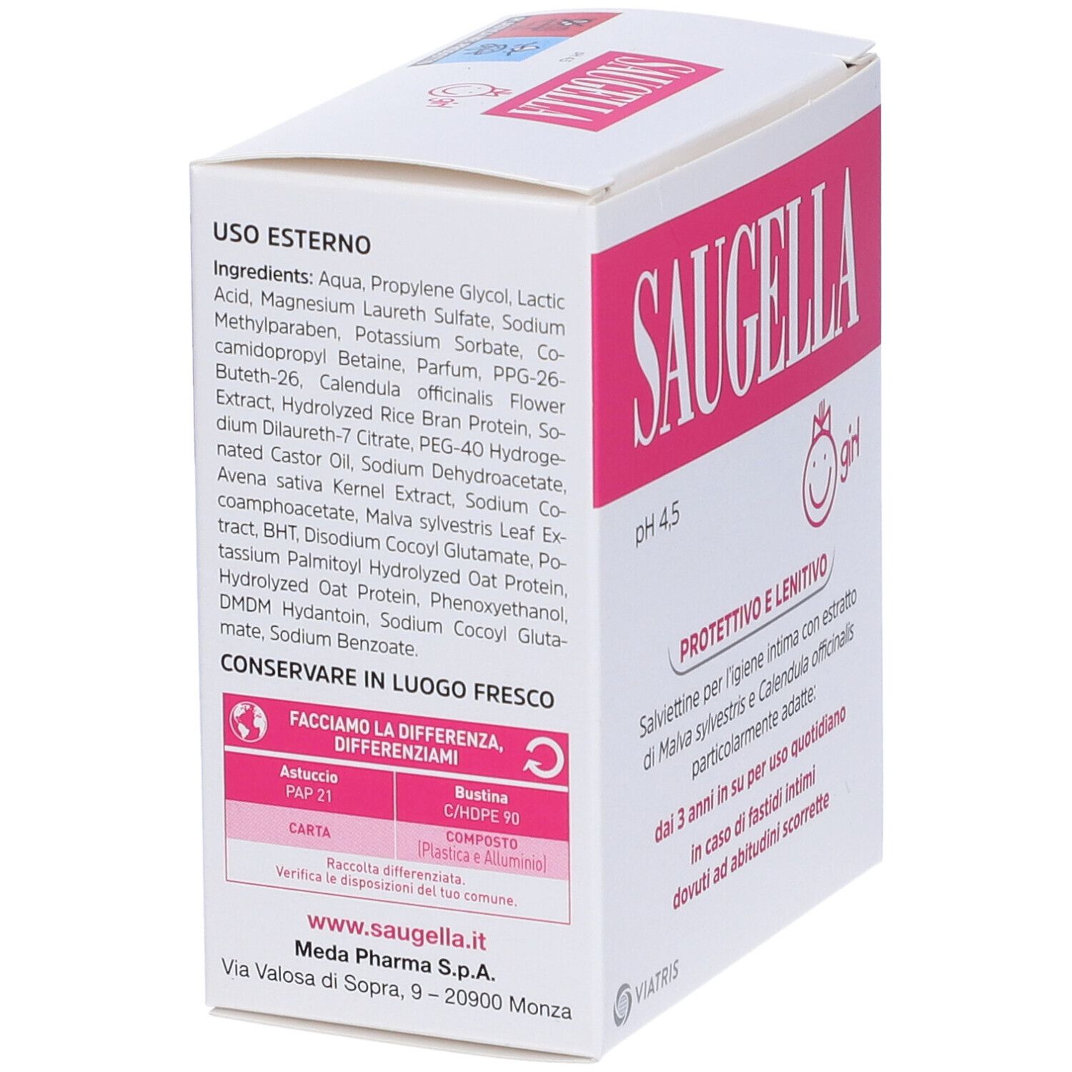 Rückseite der Verpackung von Saugella Girl Salviette Detergenti. Enthält Inhaltsstoffe und Gebrauchsanweisung.