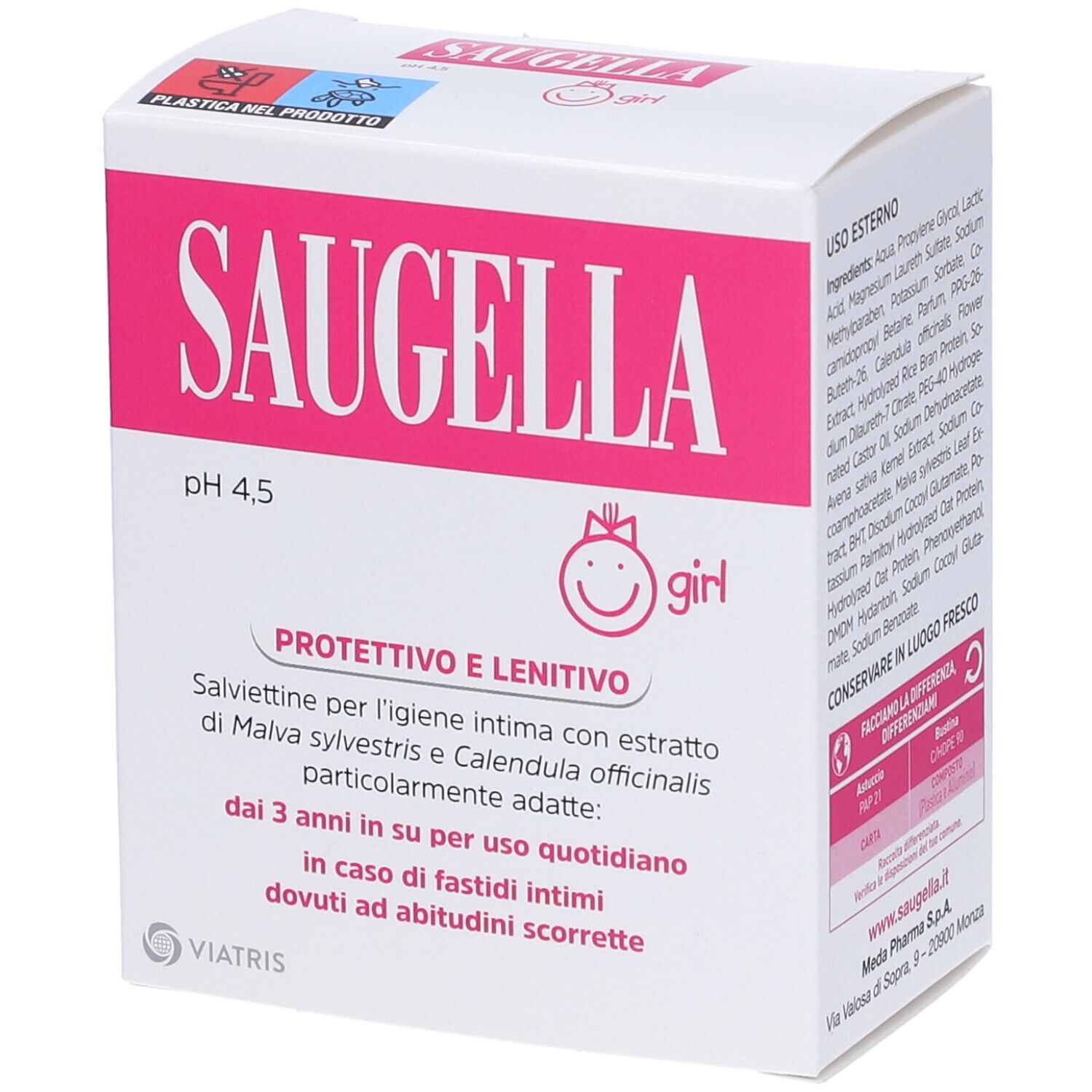 Verpackung von Saugella Girl Salviette Detergenti. Rosa und weiße Schachtel mit Produktnamen und Informationen.