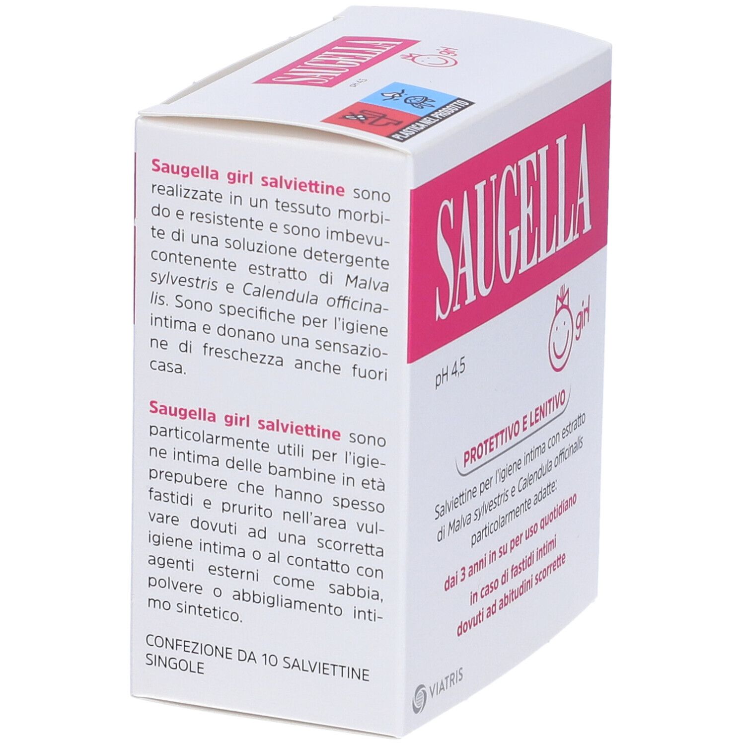 Verpackung von Saugella Girl Salviette Detergenti. Rosa und weiße Schachtel mit Produktnamen und Informationen.