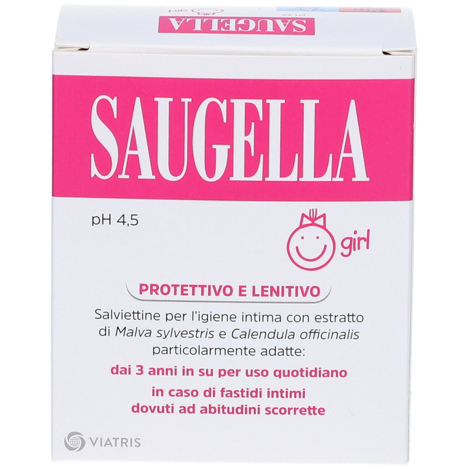 Verpackung von Saugella Girl Salviette Detergenti. Rosa und weiße Schachtel mit Produktnamen und Informationen.