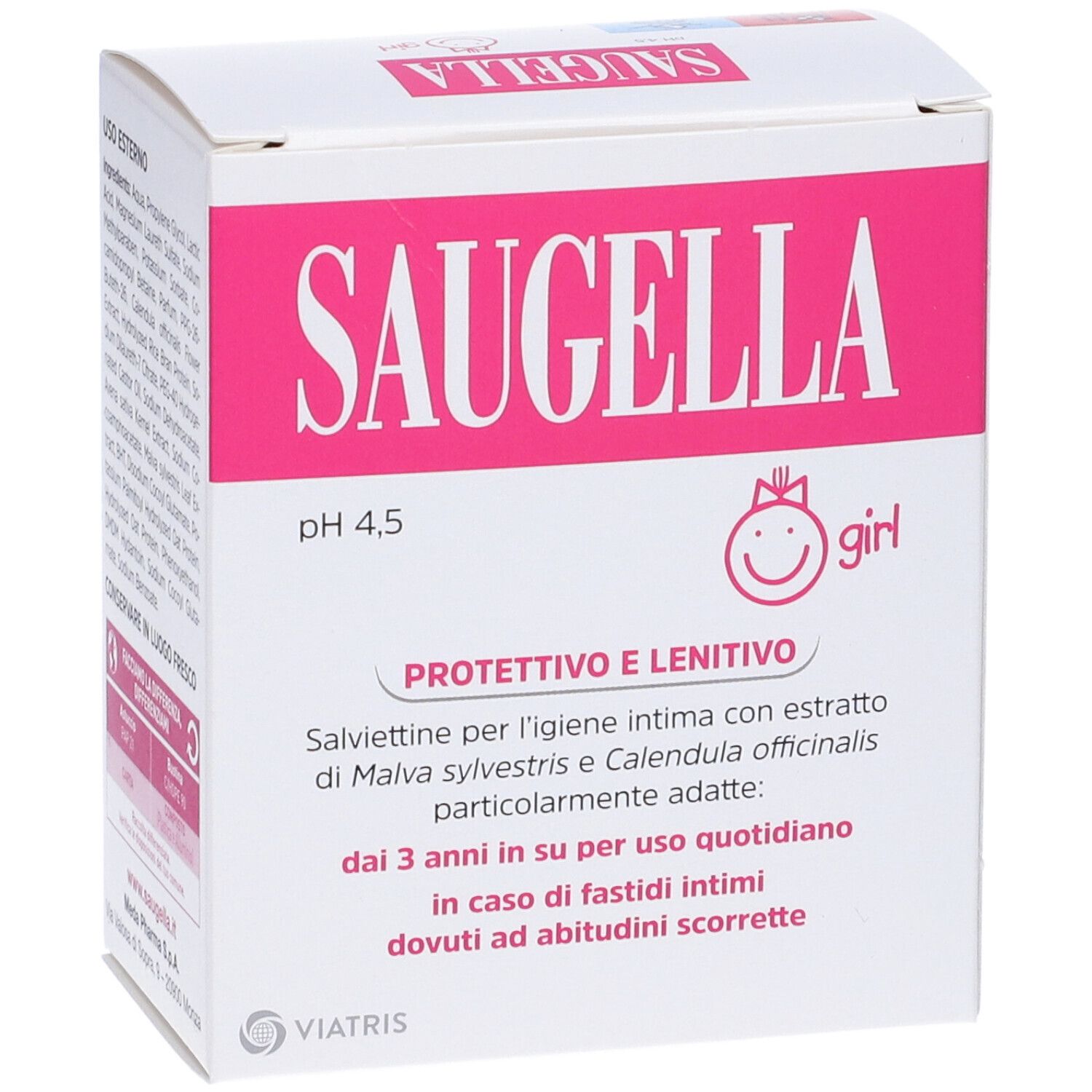 Verpackung von Saugella Girl Salviette Detergenti. Rosa und weiße Schachtel mit Produktnamen und Informationen.