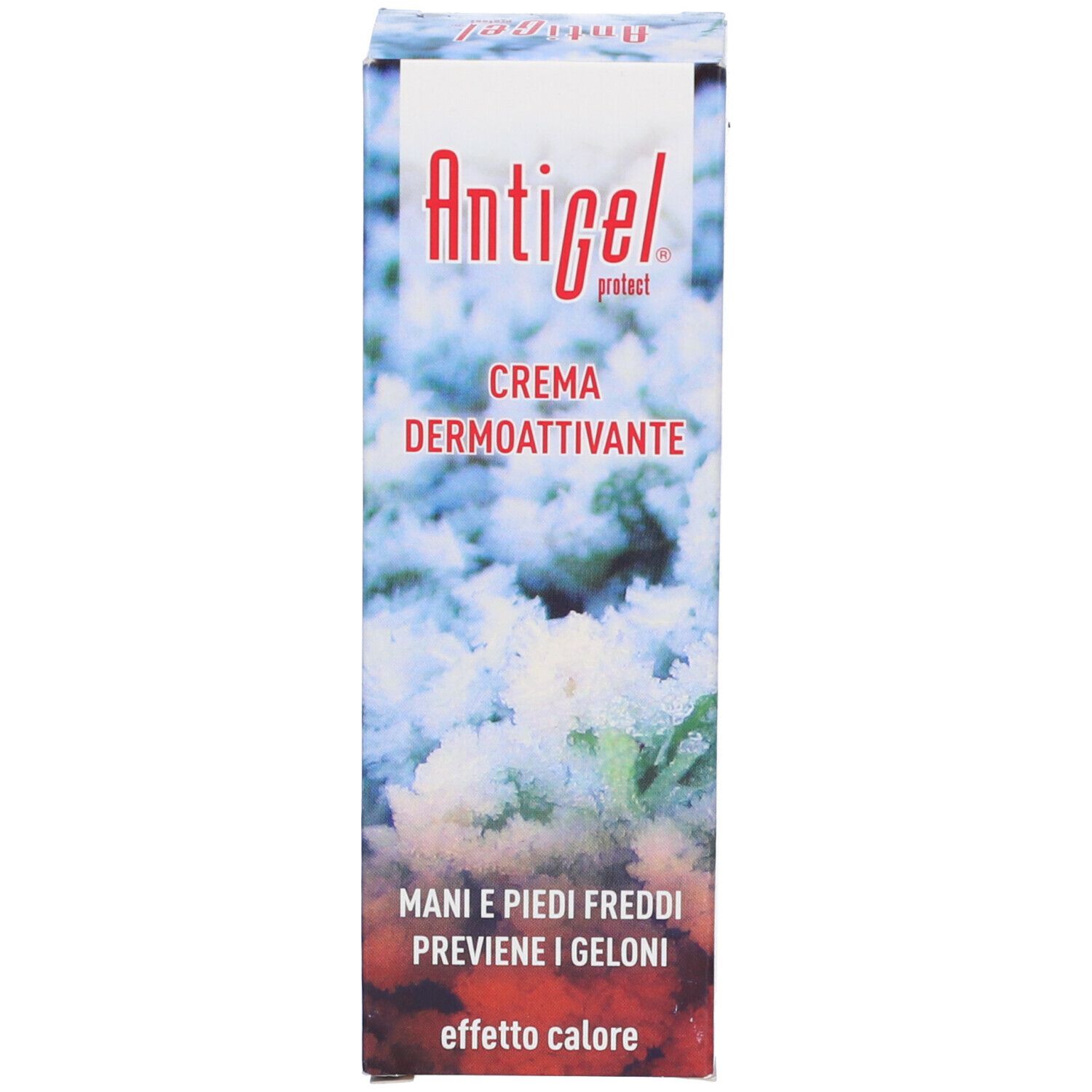 Scatola di crema Antigel Protect. Testo: Crema Dermoattivante, Effetto Calore. Per mani e piedi freddi.