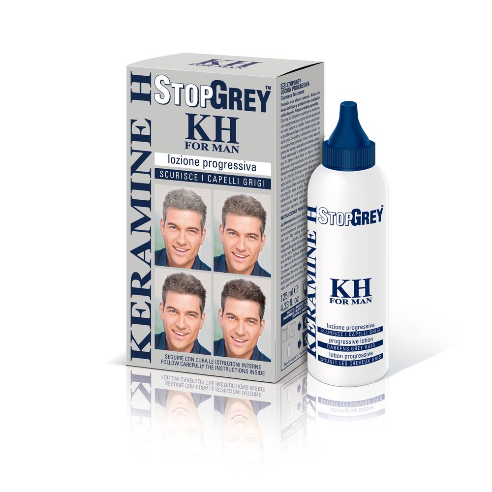 Scatola e flacone grigi. Sulla scatola: StopGrey KH FOR MAN, immagini di uomini con capelli grigi.
