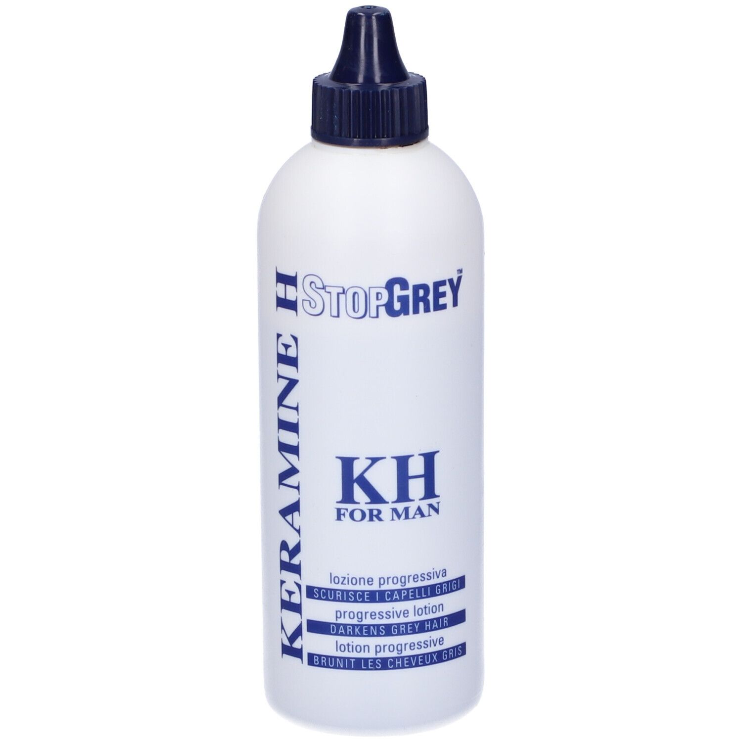 Flacone bianco con tappo blu. Scritta: StopGrey, KH FOR MAN, Loziione progressiva, scurisci i capelli grigi.