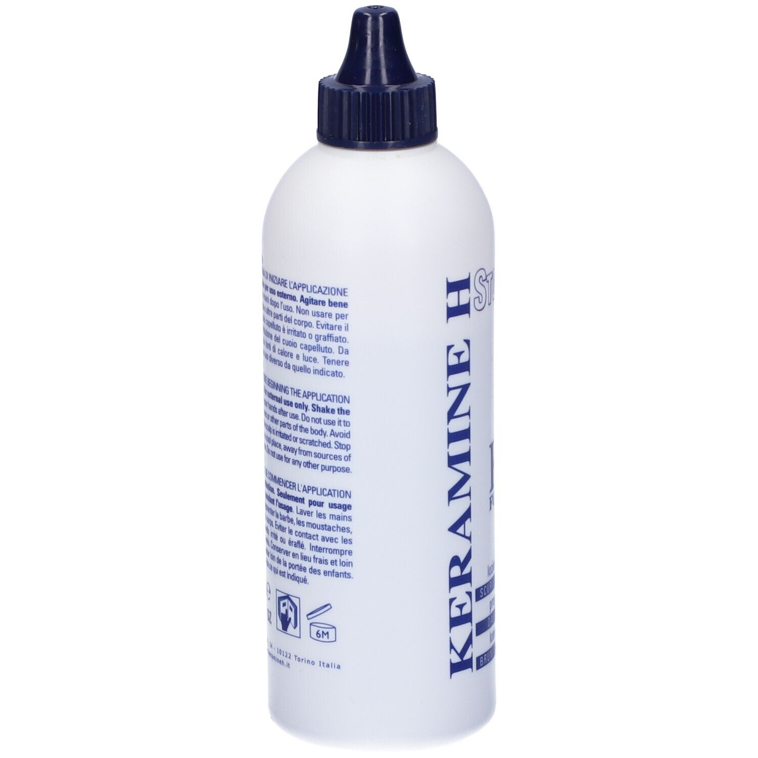 Flacone bianco con tappo blu. Scritta: StopGrey, KH FOR MAN, Loziione progressiva, scurisci i capelli grigi.