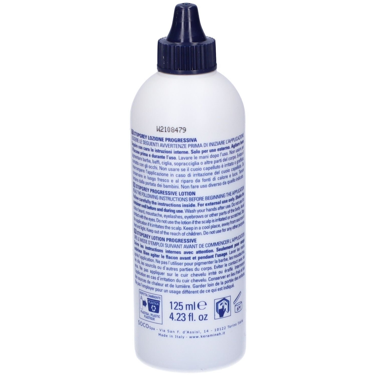 Flacone bianco con tappo blu. Scritta: StopGrey, KH FOR MAN, Loziione progressiva, scurisci i capelli grigi.