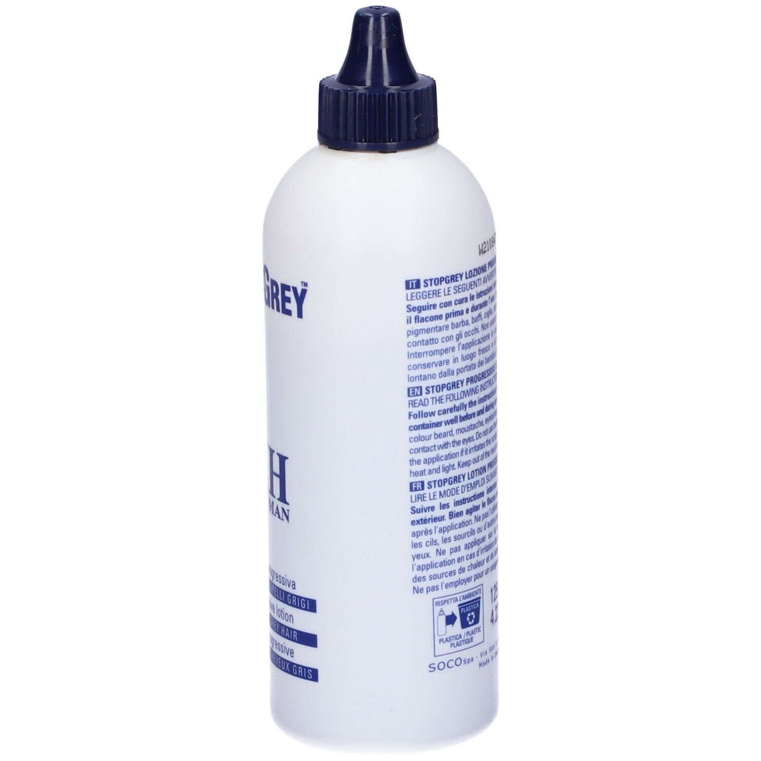 Flacone bianco con tappo blu. Scritta: StopGrey, KH FOR MAN, Loziione progressiva, scurisci i capelli grigi.