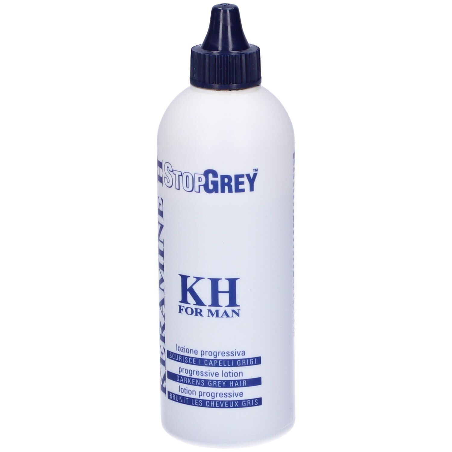 Flacone bianco con tappo blu. Scritta: StopGrey, KH FOR MAN, Loziione progressiva, scurisci i capelli grigi.