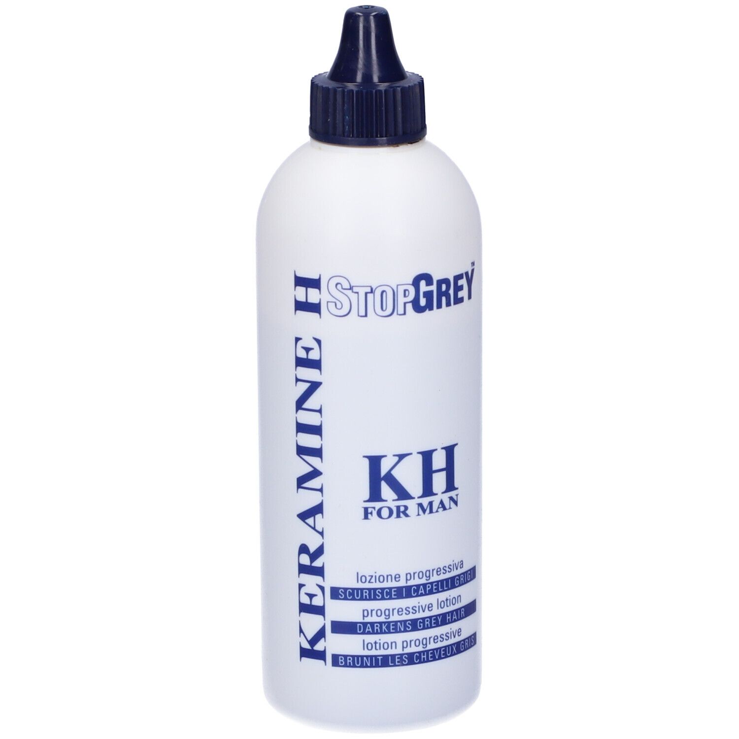 Flacone bianco con tappo blu. Scritta: StopGrey, KH FOR MAN, Loziione progressiva, scurisci i capelli grigi.