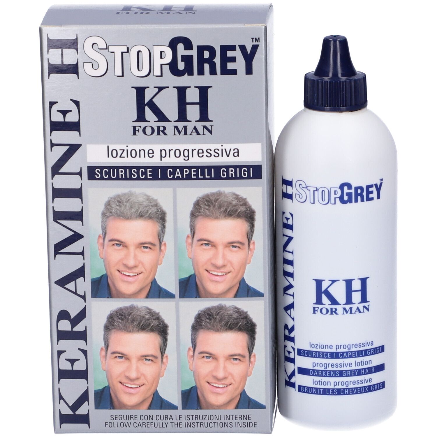 Scatola e flacone grigi. Sulla scatola: StopGrey KH FOR MAN, immagini di uomini con capelli grigi.