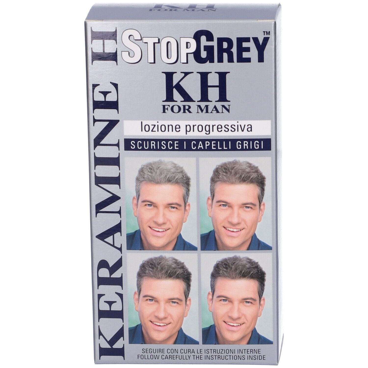 Scatola grigia. Scritta: StopGrey KH FOR MAN, immagini di uomini con capelli grigi.
